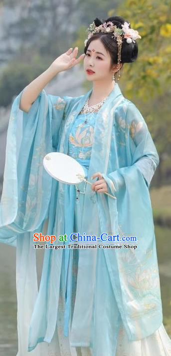 China Tang Dynasty Princess Clothing Ancient Court Lady Costumes Plus Size Hanfu Blue Embroidered Hezi Ruqun