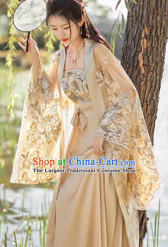 China Ancient Fairy Costume Beige Hanfu Embroidered Dress Tang Dynasty Beauty Dance Clothing