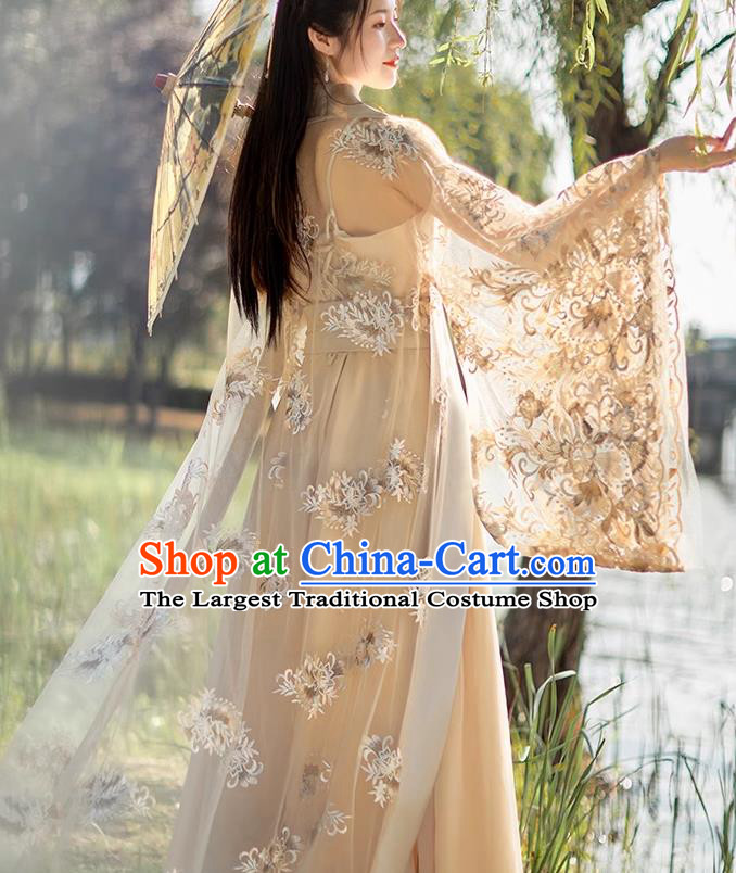 China Ancient Fairy Costume Beige Hanfu Embroidered Dress Tang Dynasty Beauty Dance Clothing