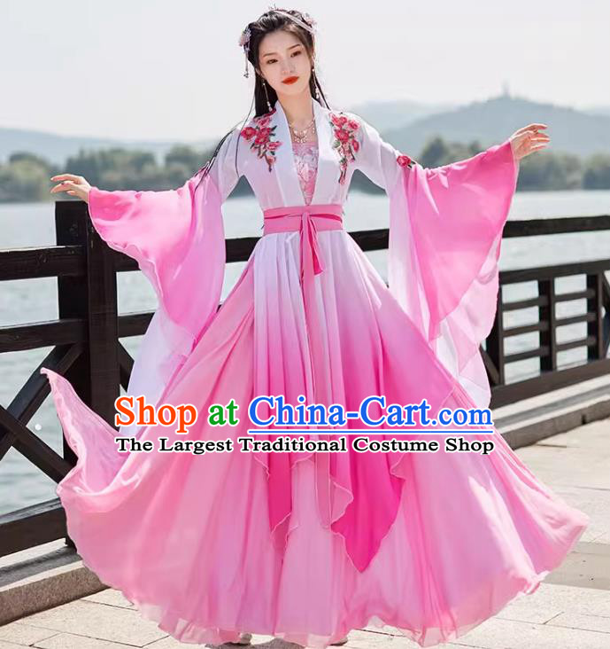 Pink Wide Sleeve Flow Fairy Dress China Ancient Costume Ming Dynasty Young Woman Clothing
