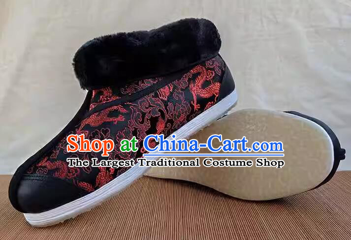 Chinese Old Peking Strong Cloth Soles Shoes Traditional Winter Thermal Boots Handmade Black Brocade Kung Fu Boots