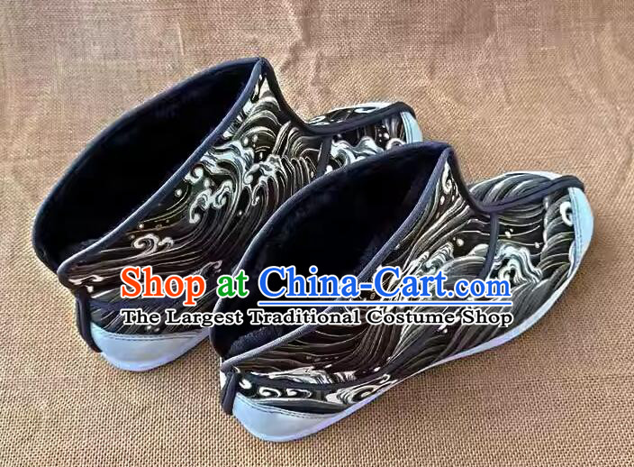 Chinese Handmade Brocade Kung Fu Boots Old Peking Strong Cloth Soles Shoes Traditional Winter Thermal Boots