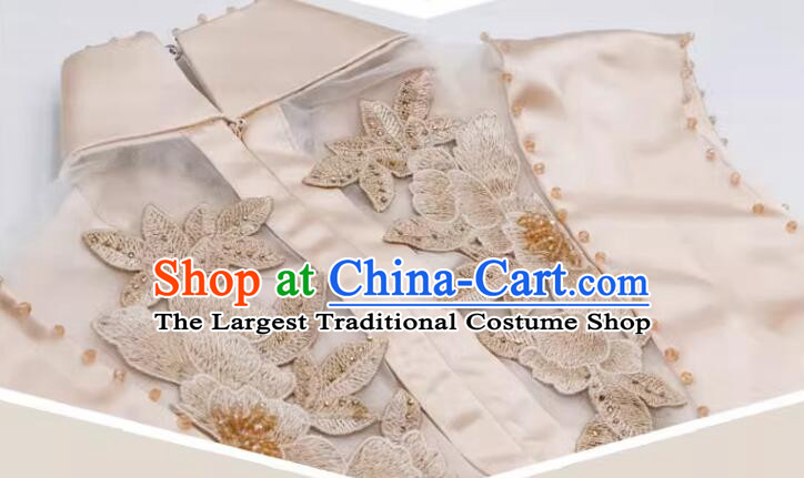 Chinese Champagne Sleeveless Cheongsam Embroidered Beads Long Qipao Elegant Dress