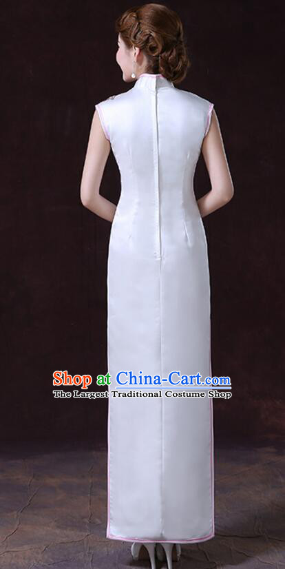 Chinese Elegant Dress White Sleeveless Cheongsam Embroidered Peony Long Qipao