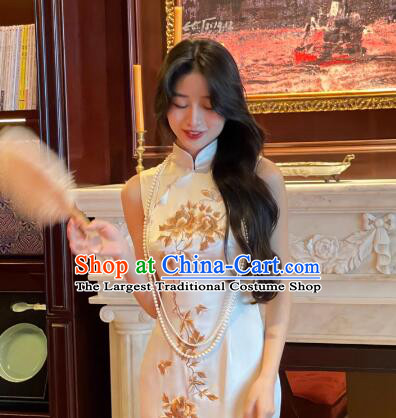 Chinese Embroidered Peony Long Qipao Elegant Dress Champagne Retro Cheongsam