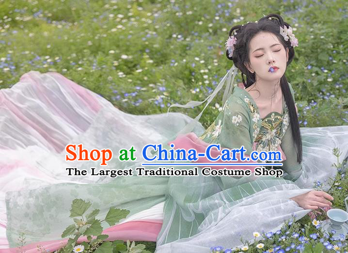 China Ancient Flower Fairy Clothing Tang Dynasty Royal Princess Costumes Traditional Green Hanfu Dresses