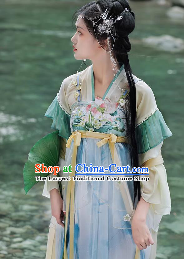China Tang Dynasty Young Lady Costumes Traditional Light Blue Hanfu Dresses Ancient Goddess Clothing