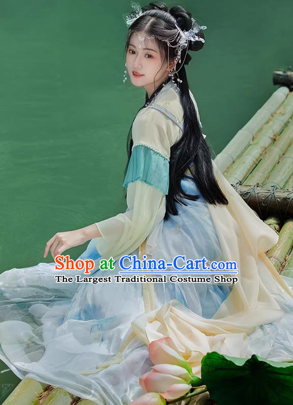 China Tang Dynasty Young Lady Costumes Traditional Light Blue Hanfu Dresses Ancient Goddess Clothing