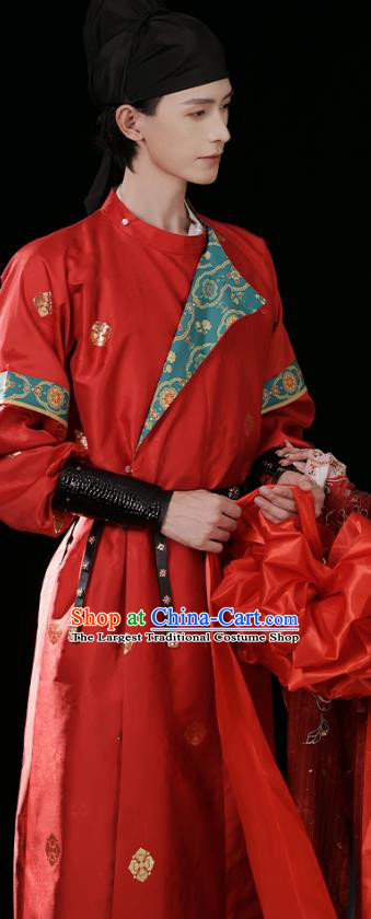 China Ancient Swordsman Costumes Traditional Wedding Hanfu Red Robe Tang Dynasty Groom Clothing