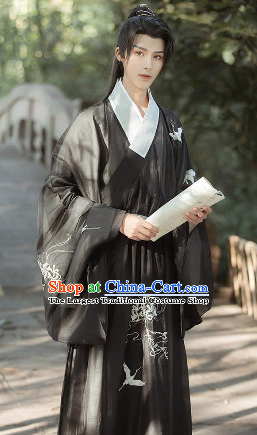 Male Traditional Hanfu Black Outfit China Ming Dynasty Young Childe Clothing Ancient Scholar Costumes