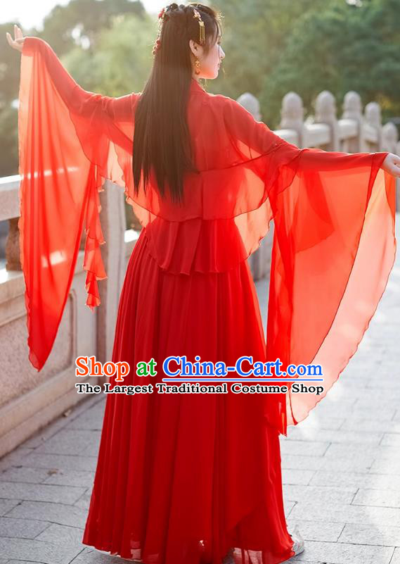 China Ancient Fairy Costume Tang Dynasty Woman Clothing Red Wide Sleeve Flow Fairy Dress