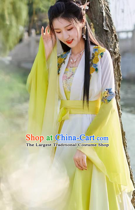 China Yellow Wide Sleeve Flow Fairy Dress Ancient Fairy Costume Tang Dynasty Woman Clothing