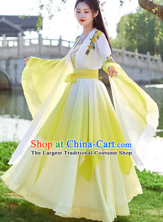 China Yellow Wide Sleeve Flow Fairy Dress Ancient Fairy Costume Tang Dynasty Woman Clothing