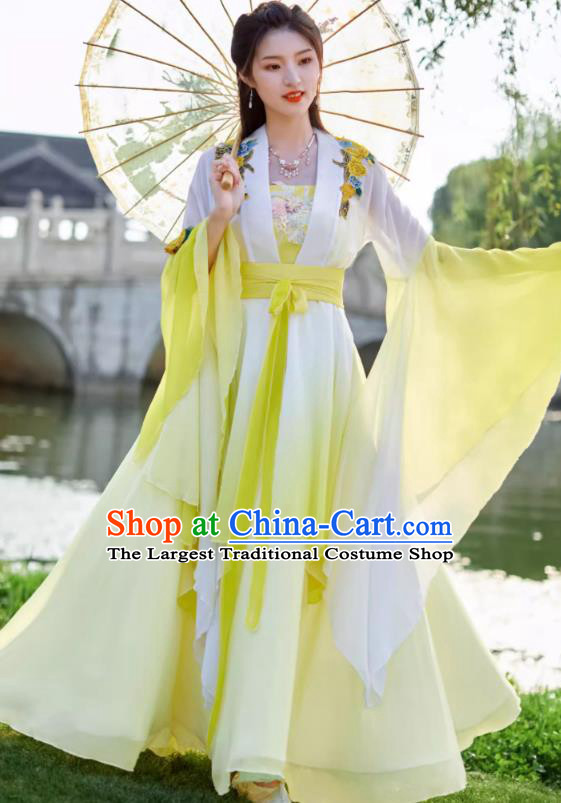 China Yellow Wide Sleeve Flow Fairy Dress Ancient Fairy Costume Tang Dynasty Woman Clothing