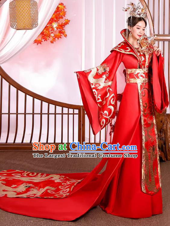 China Tang Dynasty Empress Clothing Traditional Wedding Hanfu Red Trailing Dress Ancient Imperial Consort Costume