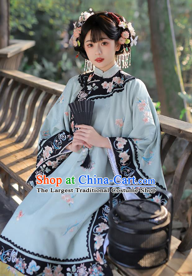 China Ancient Noble Lady Clothing Qing Dynasty Man Nationality Woman Historical Costumes Green Blouse and Skirt Complete Set