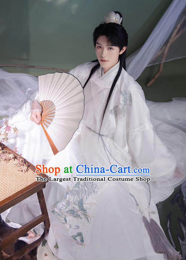 China Ancient Scholar Clothing Ming Dynasty Young Male Historical Costume White Hanfu Robe and Under Garment Complete Set