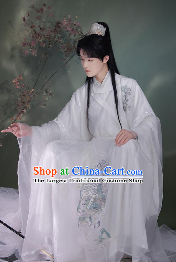 China Ancient Scholar Clothing Ming Dynasty Young Male Historical Costume White Hanfu Robe and Under Garment Complete Set