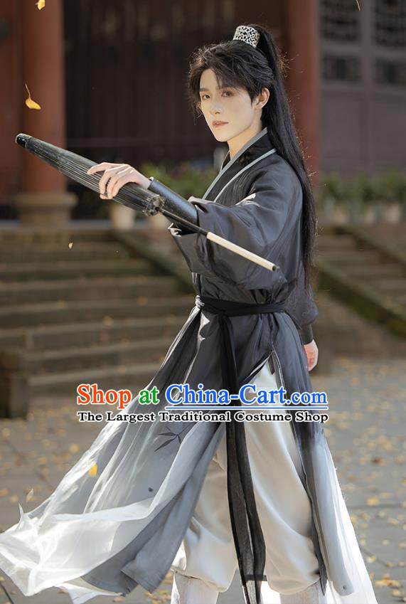 China Male Black Hanfu Ancient Swordsman Clothing Song Dynasty Young Hero Historical Costumes