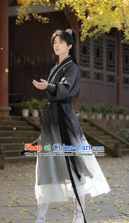 China Male Black Hanfu Ancient Swordsman Clothing Song Dynasty Young Hero Historical Costumes