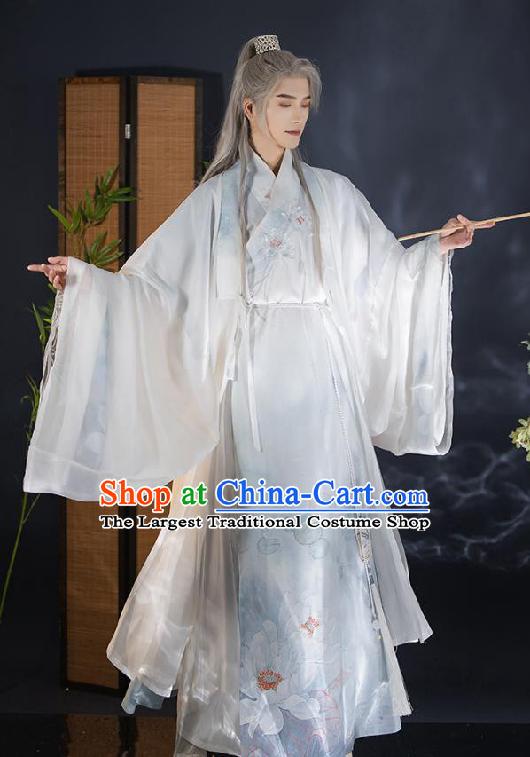 China Song Dynasty Historical Costumes Male White Hanfu Ancient Swordsman Clothing