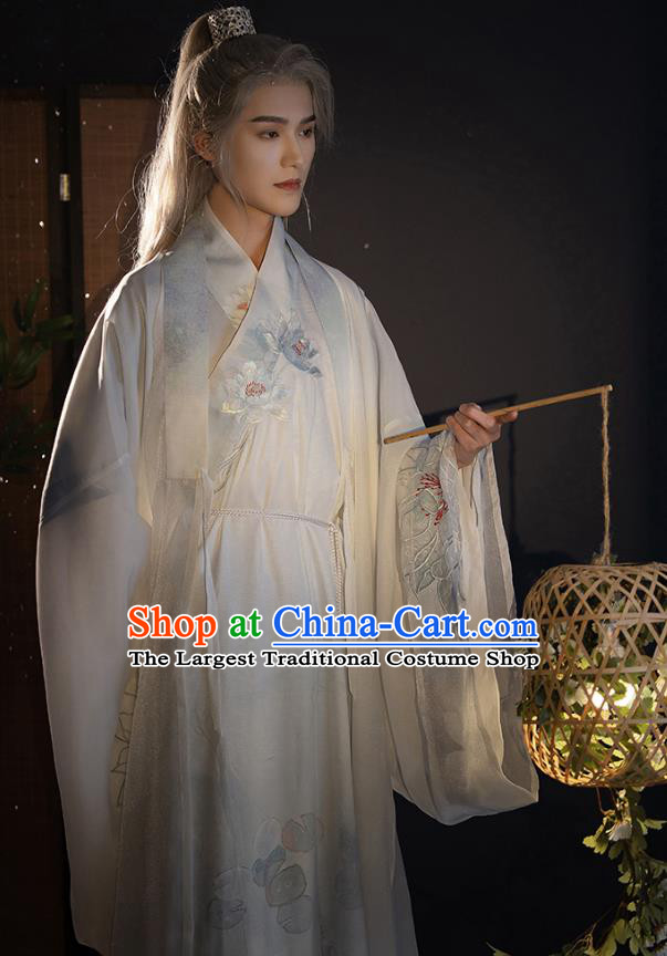 China Song Dynasty Historical Costumes Male White Hanfu Ancient Swordsman Clothing