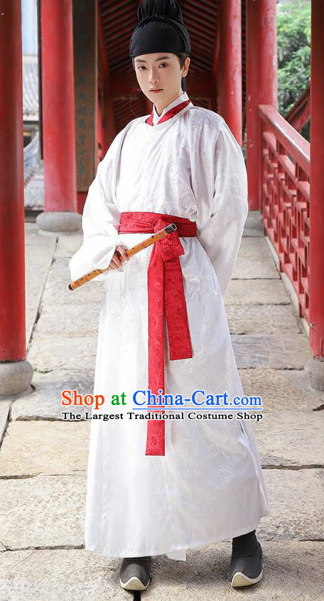 China Hanfu White Round Collar Robe Ancient Swordsman Clothing Tang Dynasty Historical Costume