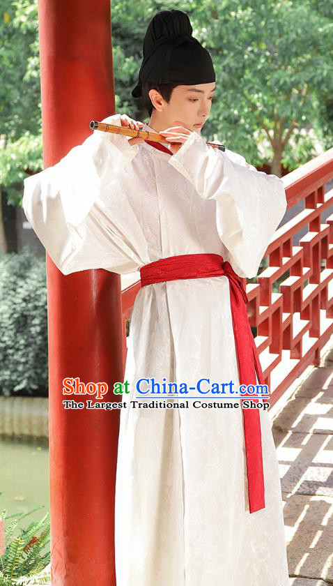 China Hanfu White Round Collar Robe Ancient Swordsman Clothing Tang Dynasty Historical Costume