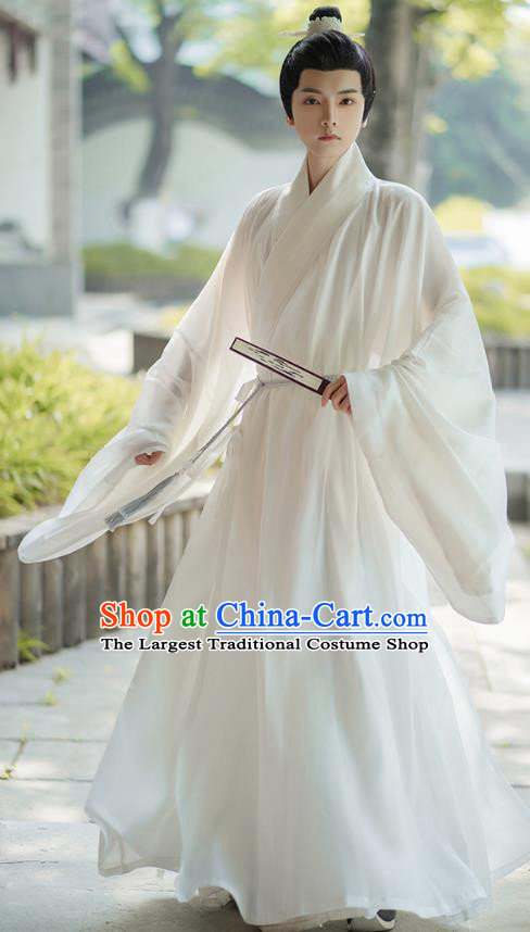 China Ancient Scholar Clothing Ming Dynasty Historical Costume Male White Hanfu Robe