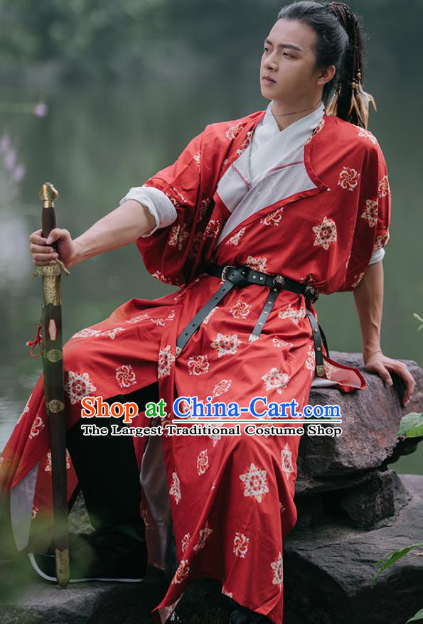 China Male Hanfu Red Round Collar Robe Ancient Young Warrior Clothing Tang Dynasty Swordsman Historical Costume