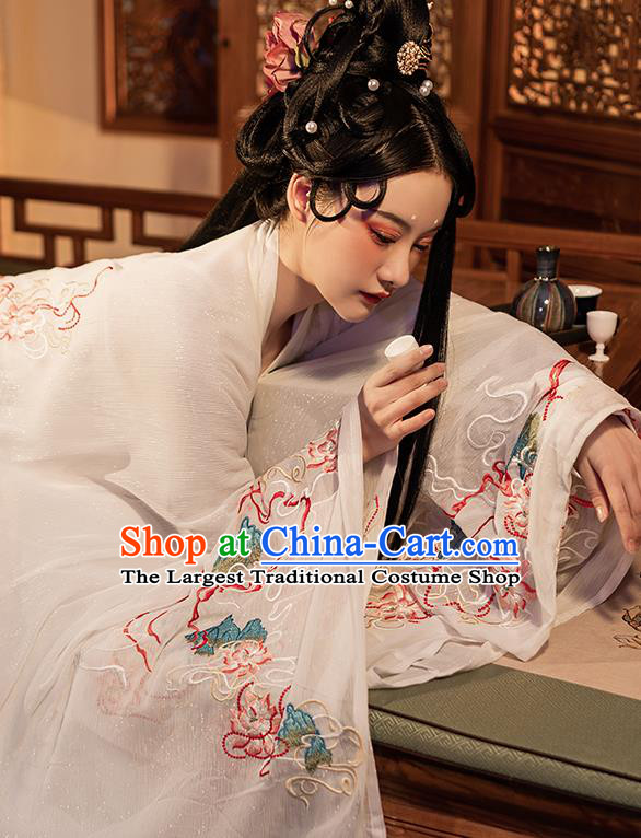 China Song Dynasty Embroidered Historical Costumes Female Hanfu White Ruqun Ancient Fairy Clothing