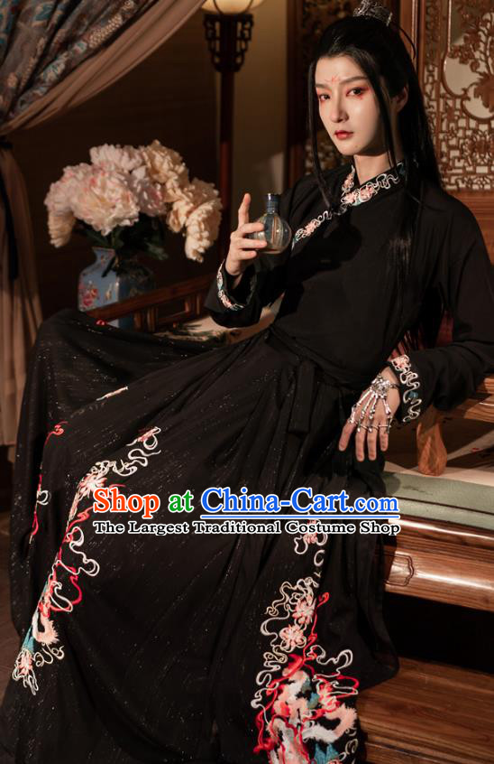 China Ancient Swordsman Clothing Song Dynasty Embroidered Historical Costumes Male Hanfu Black Ruqun Complete Set