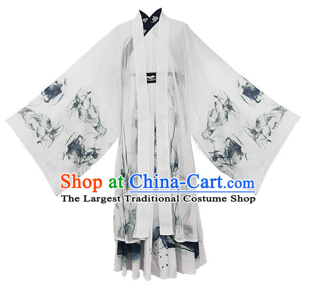 China Jin Dynasty Young Childe Historical Costumes Man Hanfu Ancient Swordsman Ink Painting Clothing
