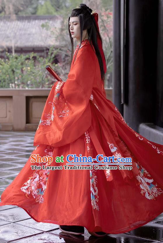 China Song Dynasty Young Childe Replica Costumes Hanfu Embroidered Wedding Dress Ancient Scholar Red Clothing