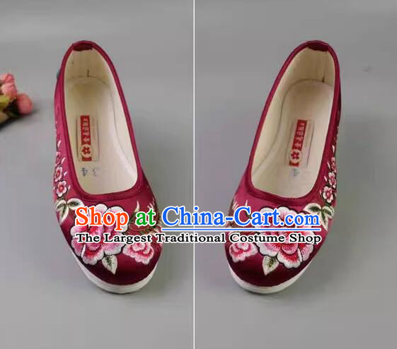 Chinese Handmade Old Peking Strong Cloth Soles Shoes Fuchsia Satin Shoes Embroidered Peony Shoes