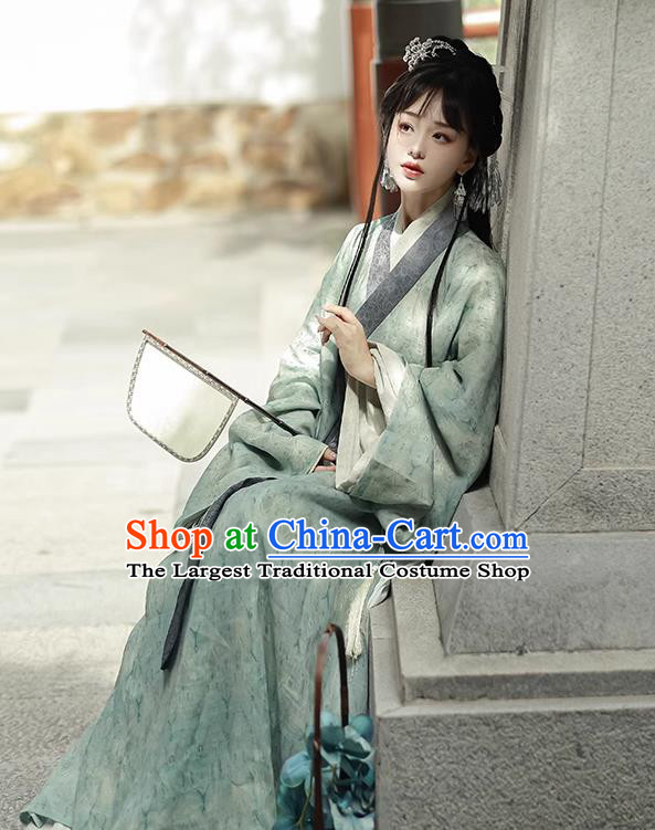 China Song Dynasty Green and White Long Gowns Traditional Hanfu Costume Ancient Woman Clothing
