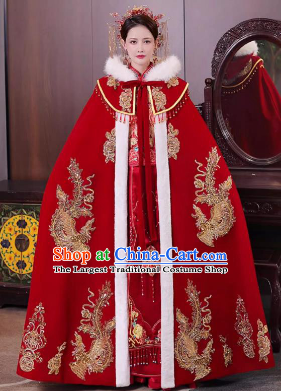 China Ancient Bride Costume Traditional Hanfu Wedding Clothing Embroidered Red Cloak