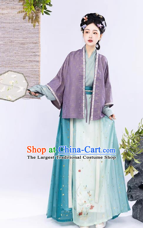 Ancient China Noble Mistress Clothing Traditional Feamle Hanfu Song Dynasty Purple Blouse Green Top and Skirt Complete Set