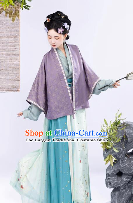 Ancient China Noble Mistress Clothing Traditional Feamle Hanfu Song Dynasty Purple Blouse Green Top and Skirt Complete Set