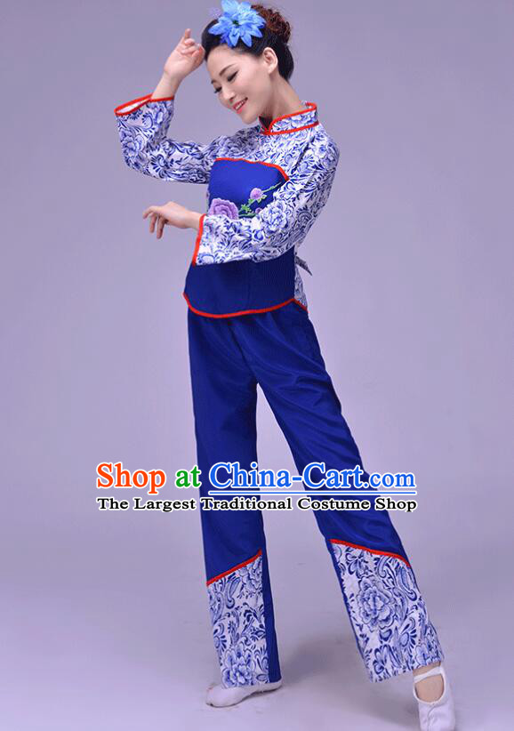 A Qing Sao Picking Tea Girl Clothing China Hakka Style Performance Costume Folk Dance Blue Outfit