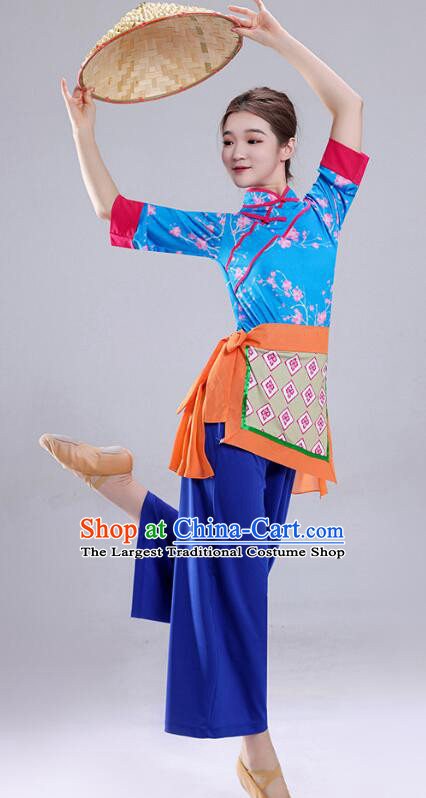 Hakka Style Performance Costume China Folk Dance Blue Outfit Yangko Dance Picking Tea Girl Clothing