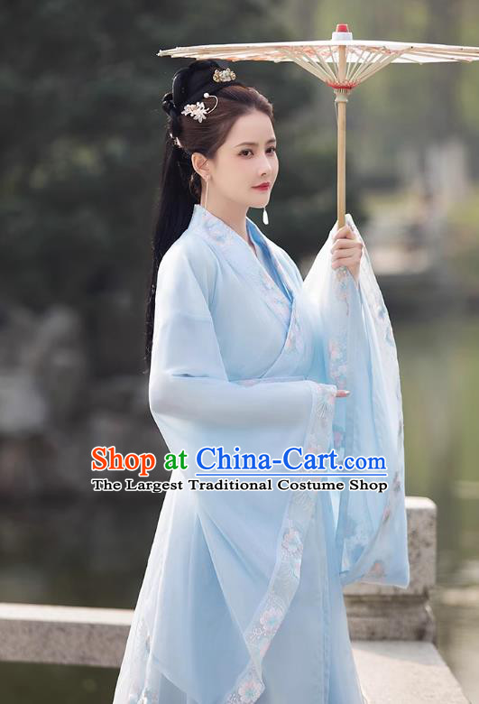 China Traditional Hanfu Princess Blue Dress Ancient Young Lady Clothing Song Dynasty Replicate Clothing