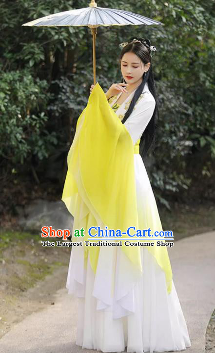 Female Hanfu Yellow Wide Sleeve Flow Fairy Dress China Jin Dynasty Costume Ancient Goddess Clothing
