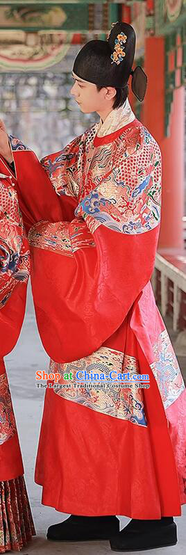 China Ming Dynasty Groom Costume Ancient Official Clothing Male Wedding Hanfu Red Brocade Robe