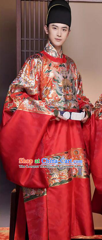 China Male Wedding Hanfu Red Brocade Robe Ming Dynasty Groom Costume Ancient Scholar Clothing