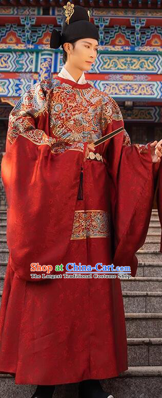 China Ancient Number One Scholar Zhuangyuan Clothing Male Wedding Hanfu Red Robe Ming Dynasty Groom Costume
