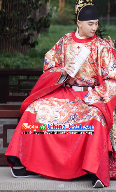 China Ming Dynasty Groom Costume Ancient Number One Scholar Zhuangyuan Clothing Male Wedding Hanfu Red Robe