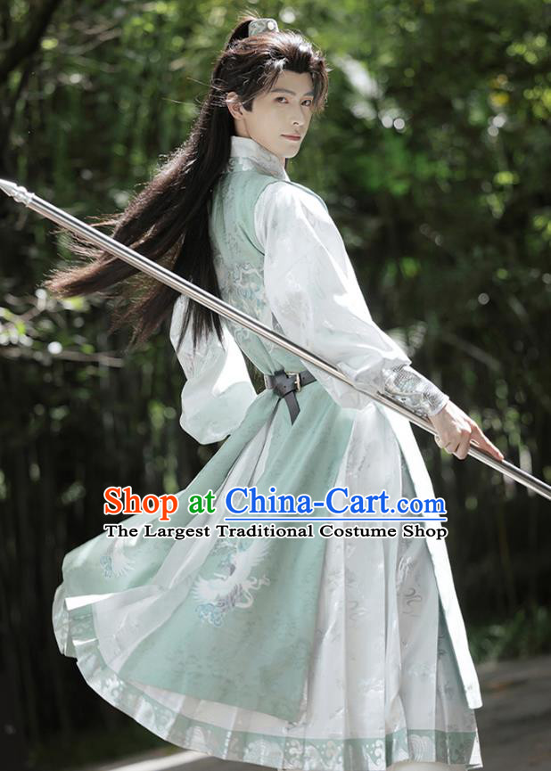 China Ancient Swordsman Clothing Ming Dynasty Costumes Traditional Male Hanfu Light Green and White Robe Complete Set