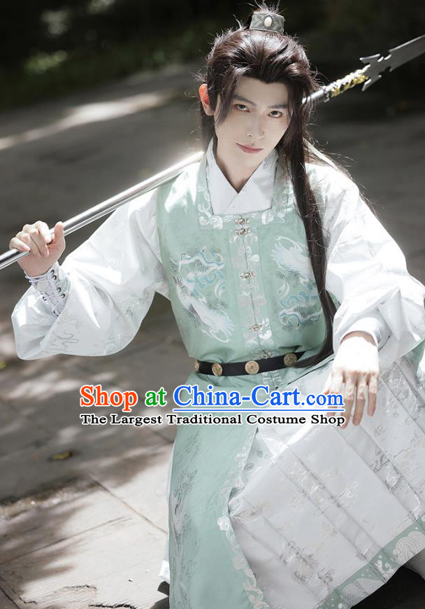 China Ancient Swordsman Clothing Ming Dynasty Costumes Traditional Male Hanfu Light Green and White Robe Complete Set
