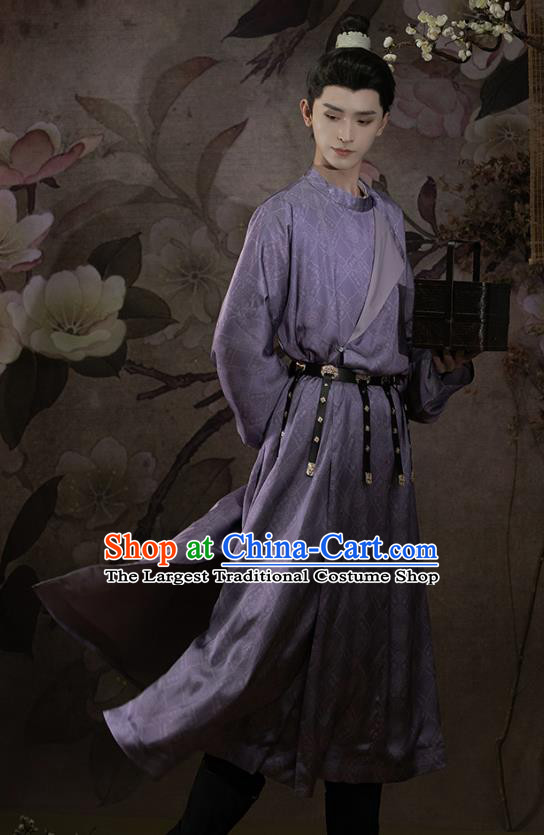 China Tang Dynasty Swordsman Clothing Ancient Young Hero Costumes Traditional Male Hanfu Purple Round Collar Robe